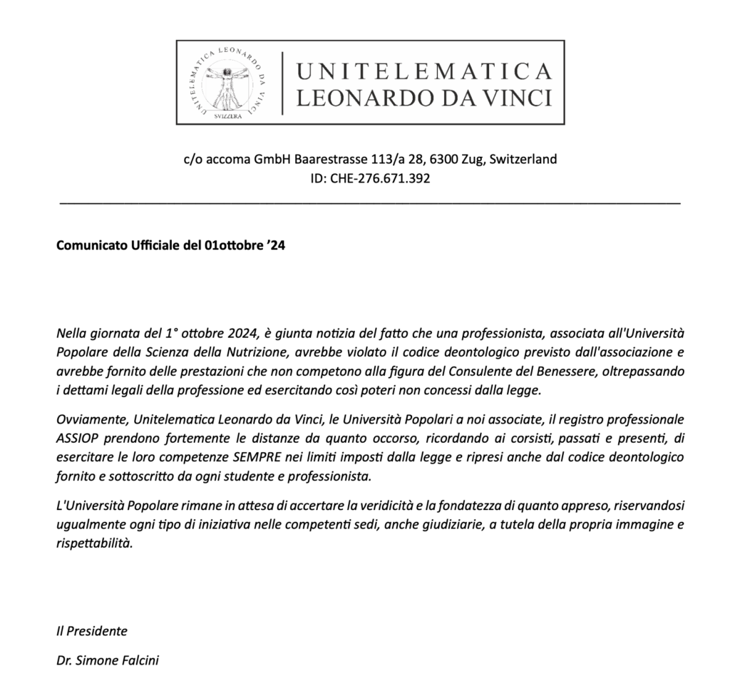 comunicato ufficiale 1 ottobre universita popolare della nutrizione